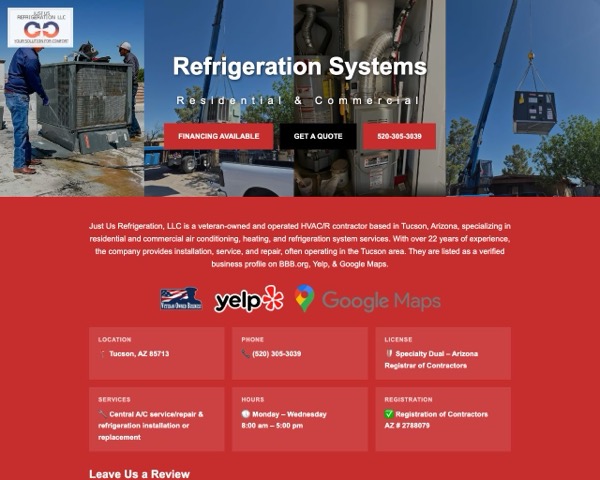 Just Us Refrigeration website screenshot